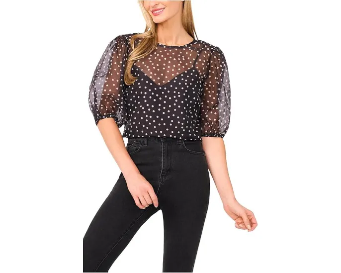 Блузка CeCe с коротким рукавом и принтом в горошек