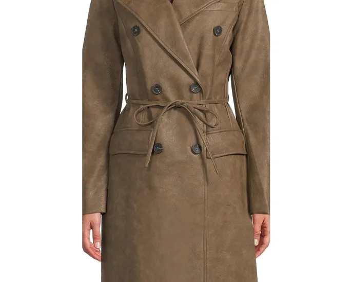 Тренч из искусственной кожи с поясом и двубортной застежкой