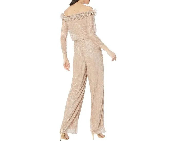 Блестящий комбинезон Metallic Rosette с рюшами на плечах и широкими брюками