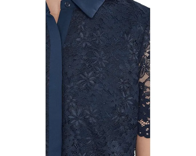 Lace Short Sleeves Hidden Placket Shirt