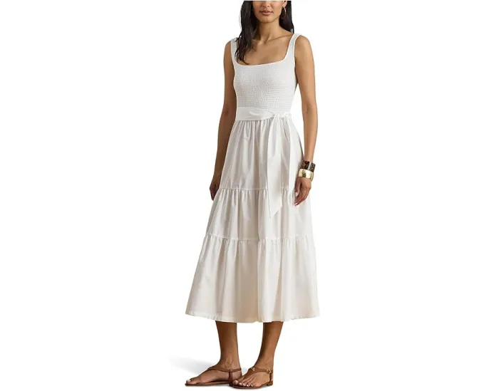 Платье-трапеция Lauren Ralph Lauren Belted Jersey Broadcloth с поясом из хлопка