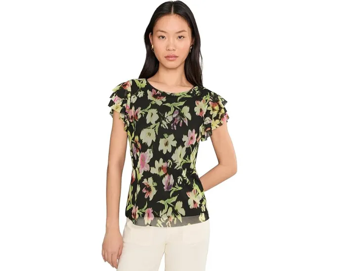 Топ с коротким рукавом и тремя слоями рюш в цветочный принт Vince Camuto