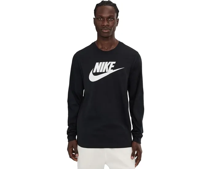 Футболка Sportswear с длинным рукавом и логотипом Icon Futura Nike черная с белым принтом