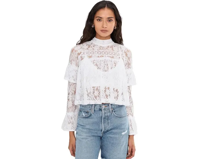Free People Кружевной топ Lilabeth с воротником стойка и расклешенными рукавами