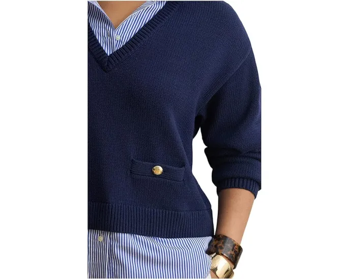 Свитер Plus Size Layered Button-Trim Cotton с воротником в полоску Lauren Ralph Lauren