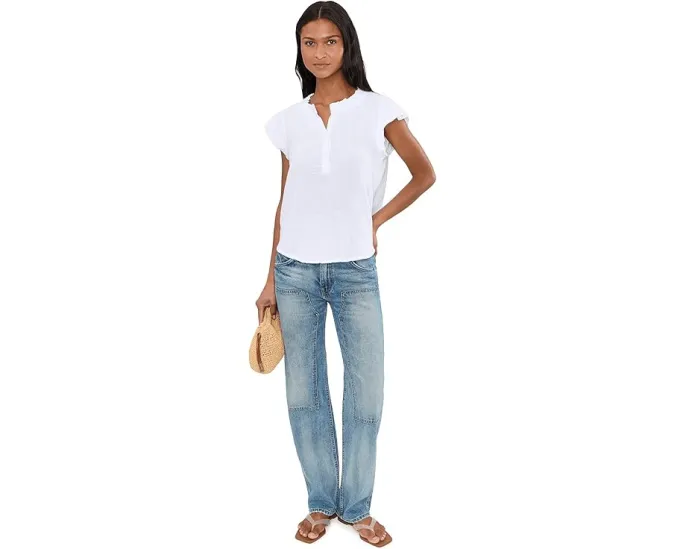 Gauze Flutter Cap Sleeve Ruffle Neck Henley Shirt