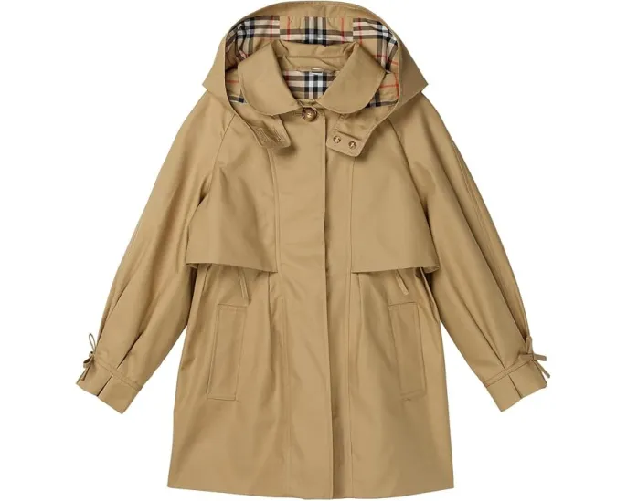 Детское тренч Zoe от Burberry Kids с капюшоном и клетчатой подкладкой