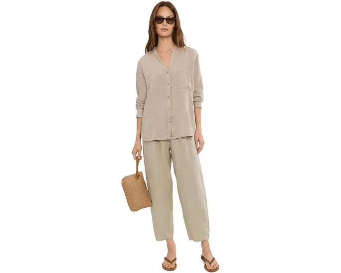 Puckered Organic Linen Stripe Mandarin Collar Shirt