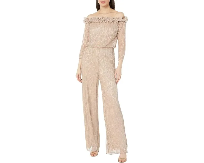 Блестящий комбинезон Metallic Rosette с рюшами на плечах и широкими брюками