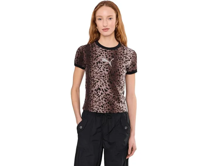 Приталенная футболка PUMA Essentials Graphics Leo Luxe с леопардовым принтом и стразами