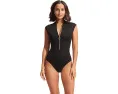 Цельный купальник Seafolly Collective с застежкой-молнией спереди и рукавами реглан