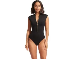 Цельный купальник Seafolly Collective с застежкой-молнией спереди и рукавами реглан