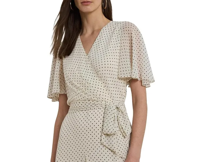 Платье Lauren Ralph Lauren Polka Dot Georgette Surplice с поясом и оборками