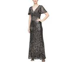 Alex Evenings Длинное платье с пайетками, рукавами-фонариками и узлом спереди