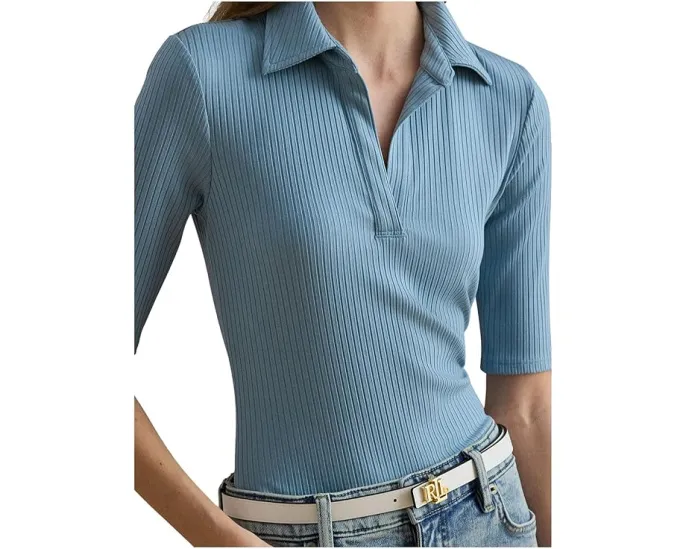 Вязаное поло с рукавом три четверти и ребристой текстурой от Lauren Ralph Lauren синее