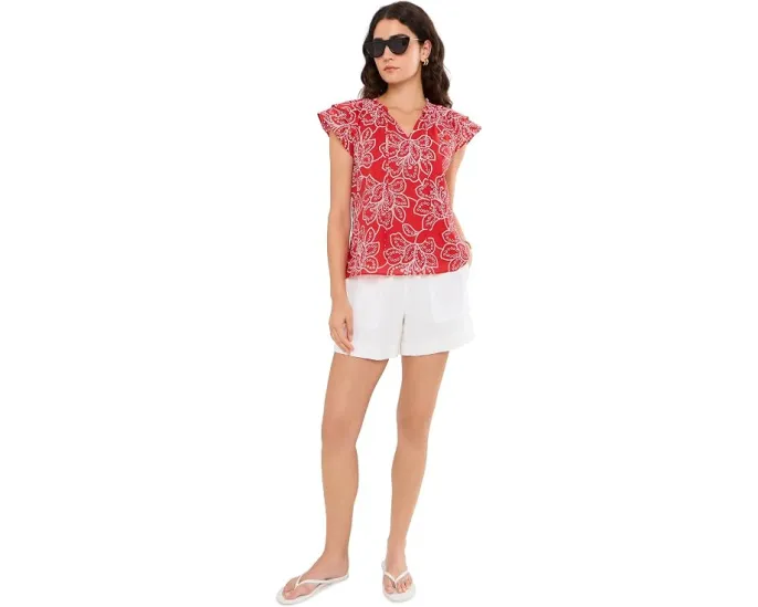 Топ CeCe Flutter Sleeve с вышивкой и завязками цвета Classic Cherry