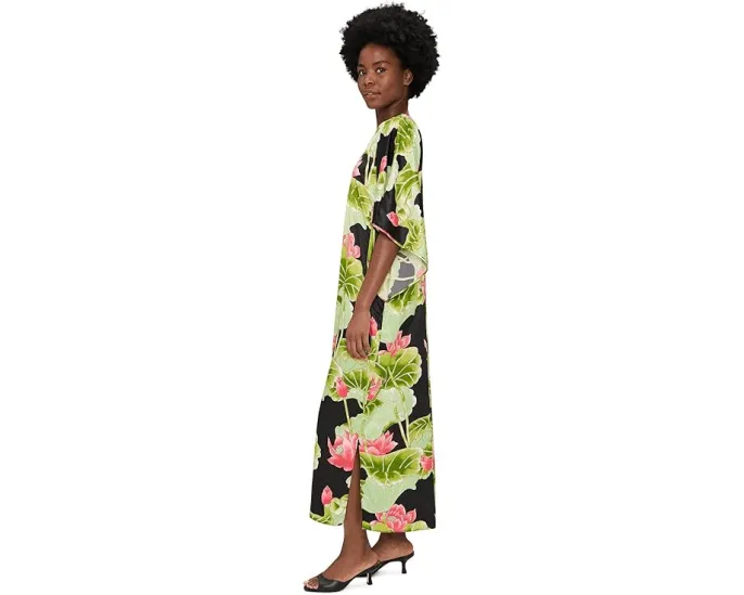 Кафтан N by Natori Ascendant Lotus из сатина с принтом и разрезами по бокам