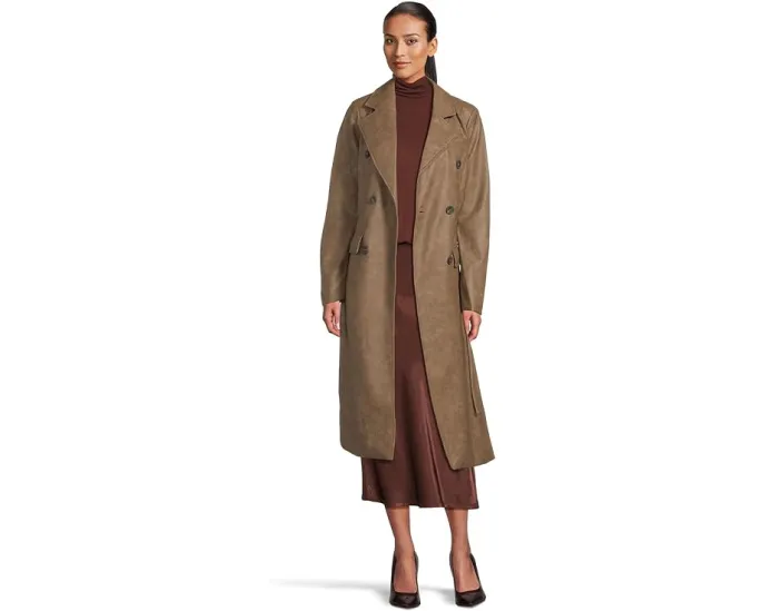 Тренч из искусственной кожи с поясом и двубортной застежкой