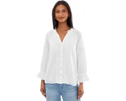 3/4 Sleeve Button Front Woven Top With Embroidery