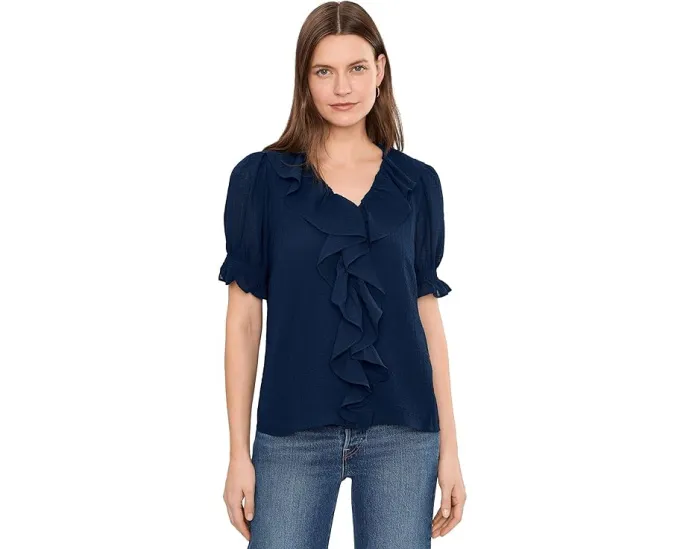 Топ CeCe Ruffled Pintuck Elbow Sleeve с рюшами и V-вырезом