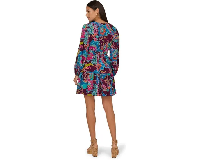 Короткое платье Adrianna Papell Printed Flounce с присборенными рукавами