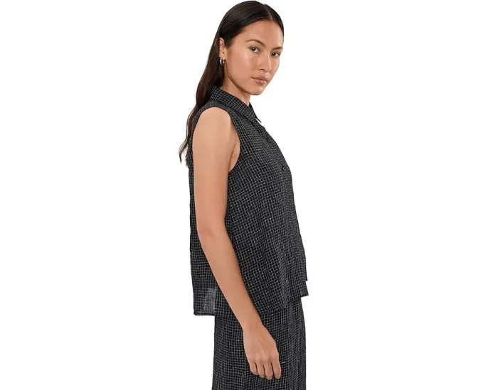Рубашка Petite Puckered Organic Linen Grid Classic Collar Shirt Eileen Fisher из льна