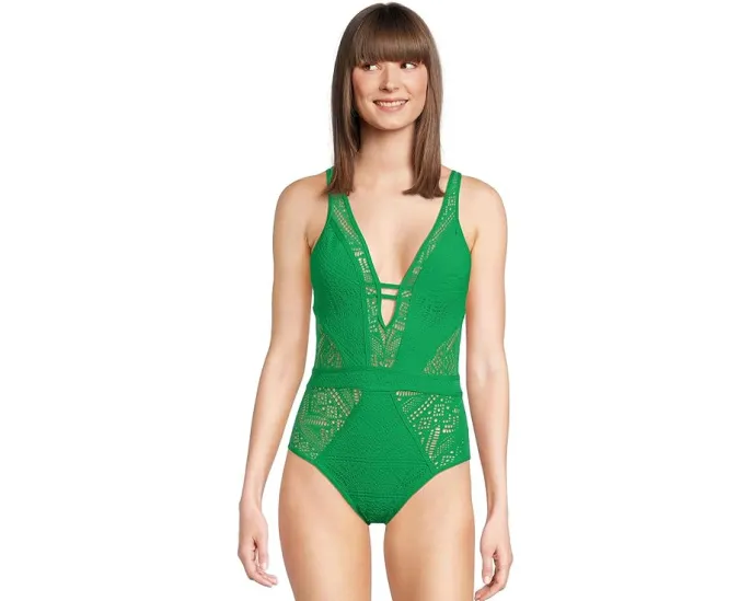 Цветной цельный купальник BECCA Color Play с кружевной вязкой и глубоким вырезом