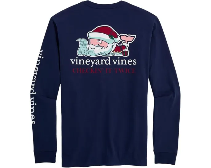 Vineyard Vines Длинная футболка с карманом и новогодним принтом Santa Whale List