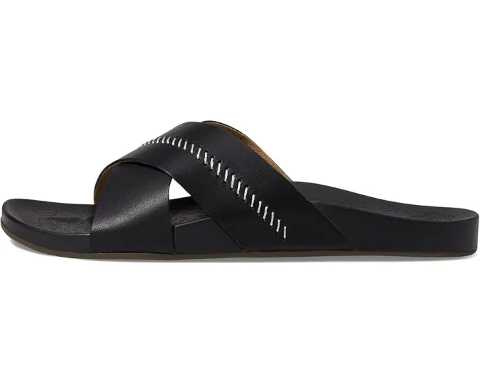 OluKai Kipea'a 'Olu шлепанцы с дизайном листа на стельке и кожаным верхом