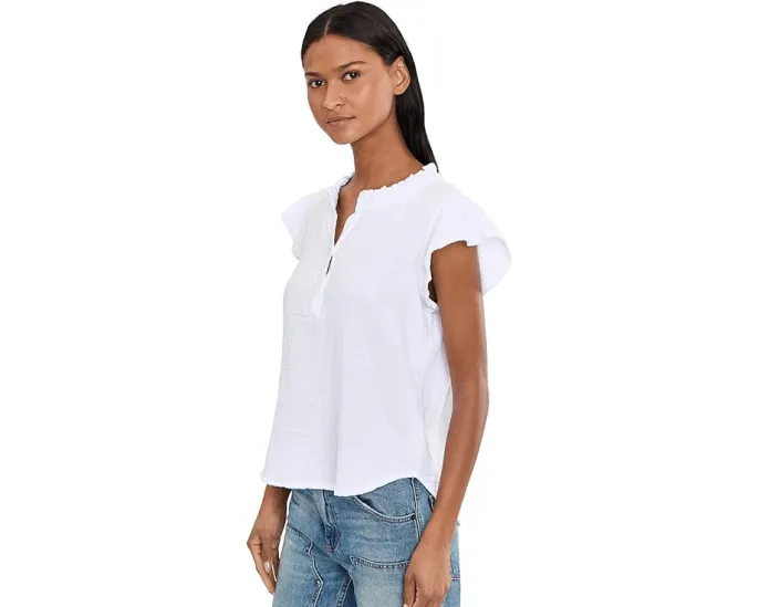 Gauze Flutter Cap Sleeve Ruffle Neck Henley Shirt