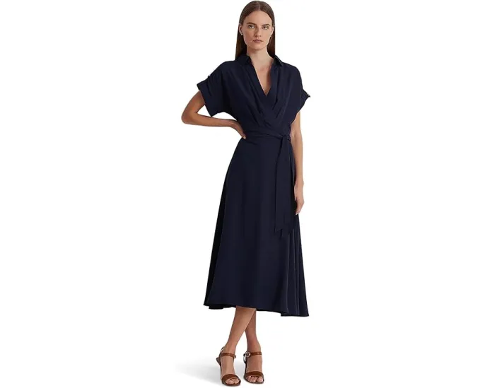 Платье Lauren Ralph Lauren Petite из крепа с поясом и короткими рукавами