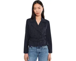 Petite Cropped Pinstripe Trench Jacket With Belt