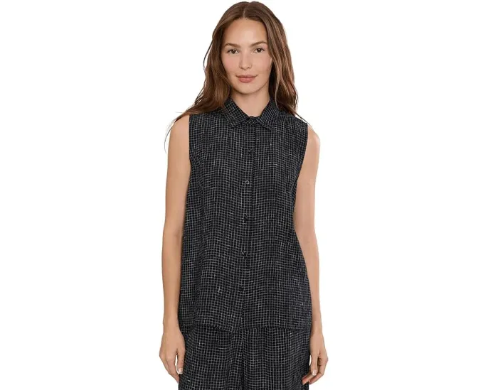 Рубашка с классическим воротником из органического льна Grid от Eileen Fisher