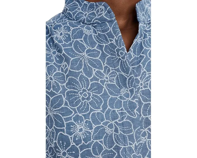 Блузка CeCe из шамбре с коротким рукавом и потайной планкой