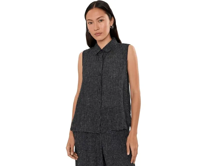Рубашка Petite Puckered Organic Linen Grid Classic Collar Shirt Eileen Fisher из льна