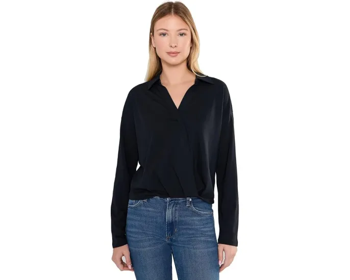 Топ Lilla P Faux Wrap Collared с имитацией запаха и длинными рукавами