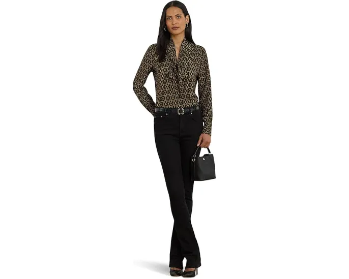 Chain-Print Crepe Tie Neck Blouse