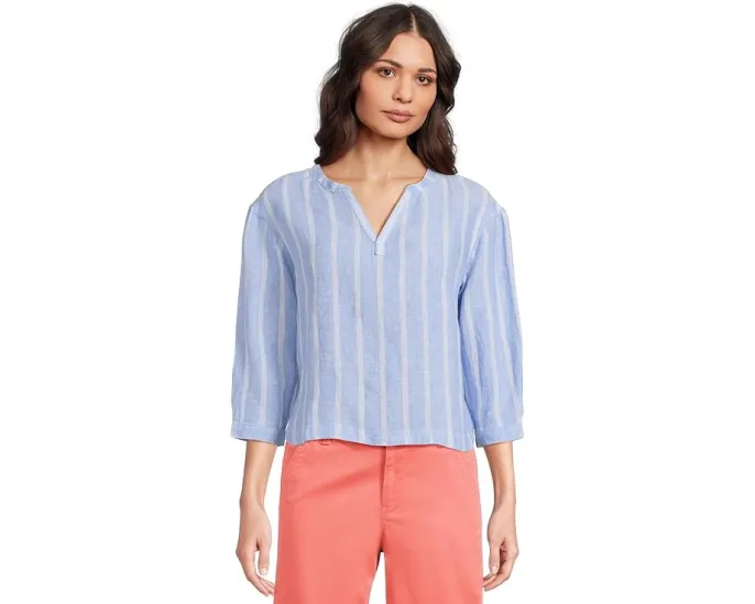 Рубашка L.L.Bean из стирального льна с разрезным воротником и рукавом три четверти в полоску