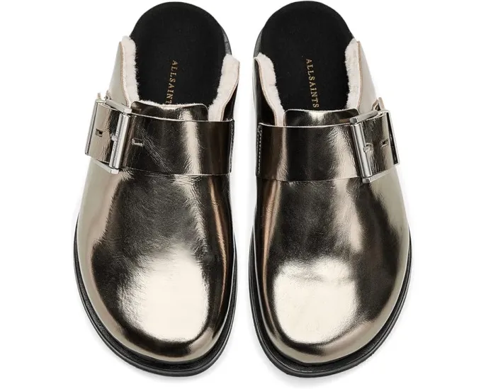 Мюли AllSaints Eris с пряжкой на металлизированном замшевом верхе и овчиной