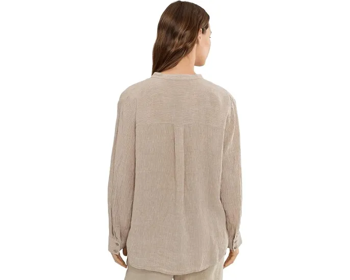 Puckered Organic Linen Stripe Mandarin Collar Shirt