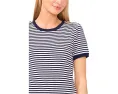 Полосатый укороченный топ с пуговицей-гербом на воротнике CeCe