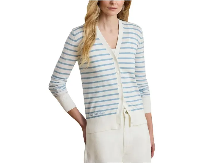 Полосатый хлопковый кардиган с V-образным вырезом от Lauren Ralph Lauren