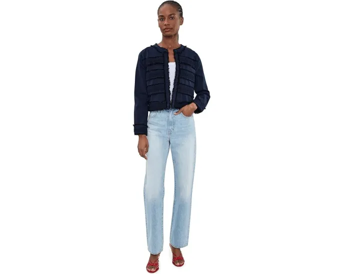 Petite Soft Touch Twill Collarless Jacket With Fray & Lace