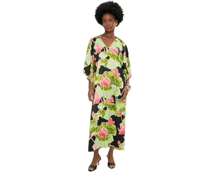 Кафтан N by Natori Ascendant Lotus из сатина с принтом и разрезами по бокам