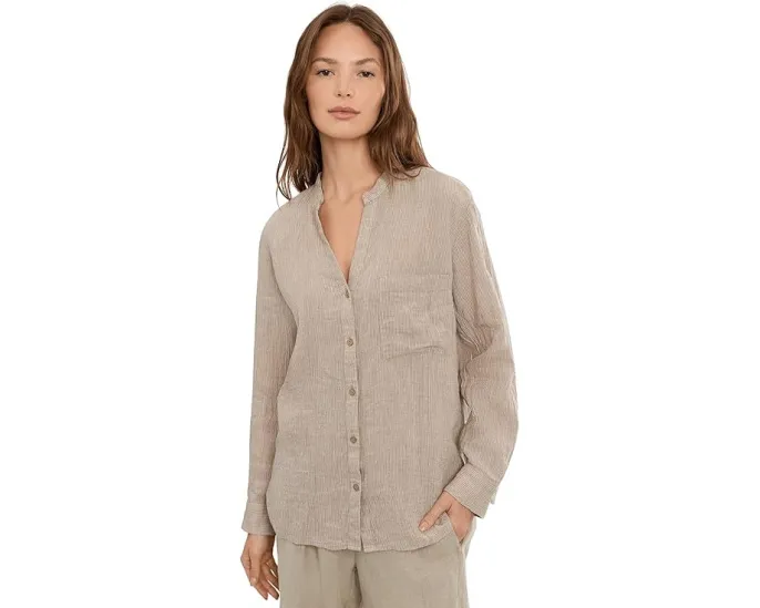 Puckered Organic Linen Stripe Mandarin Collar Shirt