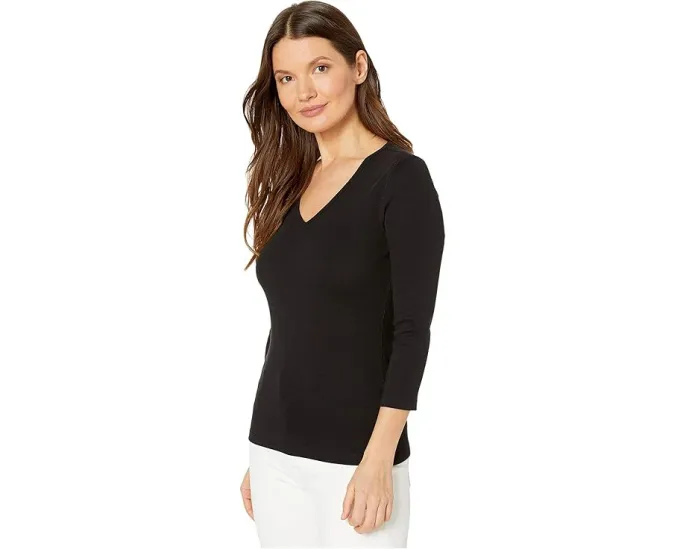 Топ Lilla P с V-образным вырезом и рукавом три четверти из рибаны 1x1