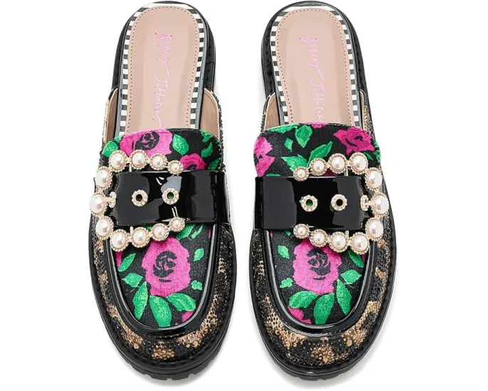 Бартоны Mules Blue by Betsey Johnson с пайетками и жемчужной пряжкой