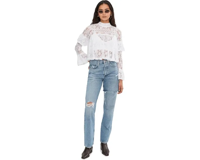 Free People Кружевной топ Lilabeth с воротником стойка и расклешенными рукавами