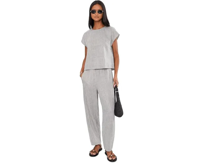 Топ с круглым вырезом Eileen Fisher Striped Organic Linen Sheen Round Neck Top из полосатого льна