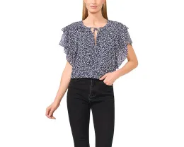 Блузка CeCe с принтом, воротником на завязках и двойными оборками на рукавах